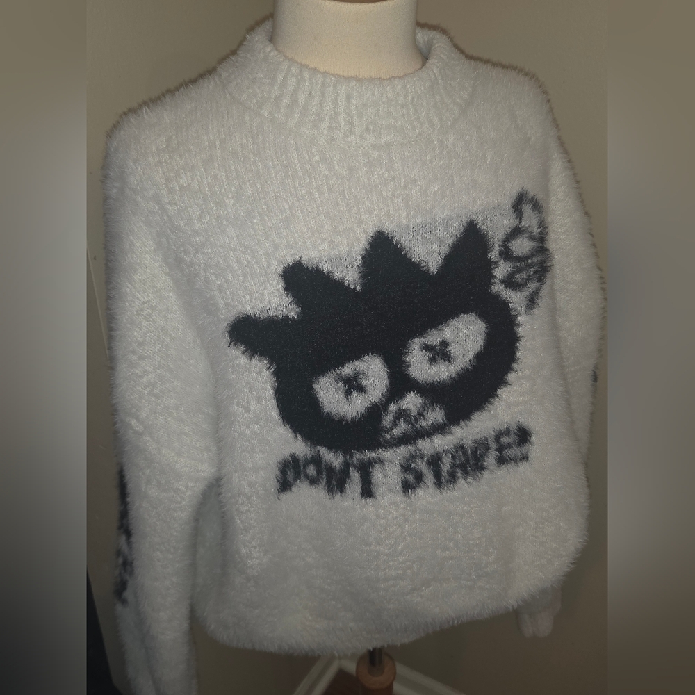 Sanrio Badtz-Maru Forever 21 Winter White and Black Graphic Fuzzy Sweater Large